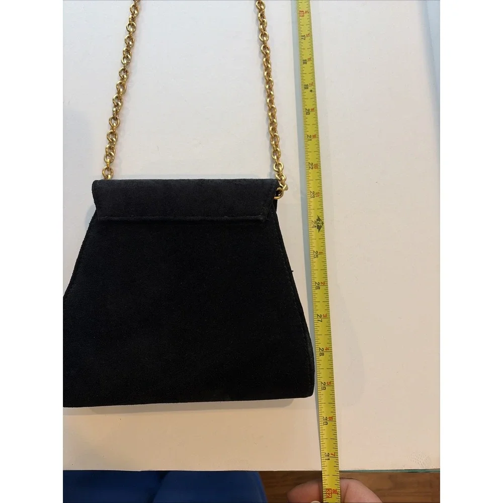 Casual Corner Black Suede Handbag Gold Medallion & Chain Essentials Elegant Bag